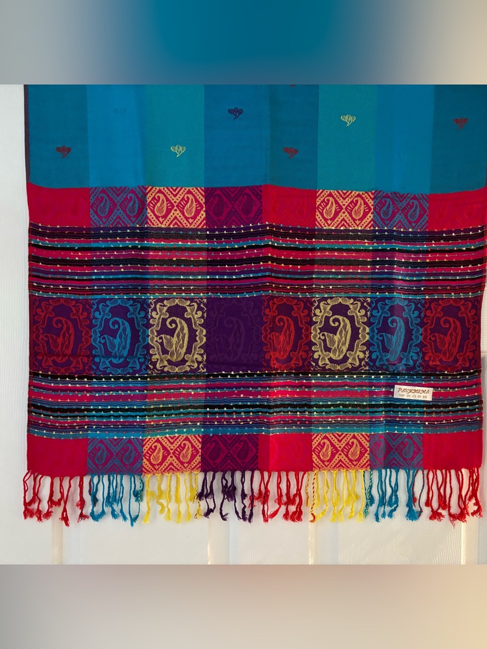 Gorgeous ethnic design pashmina scarf with tassels - large